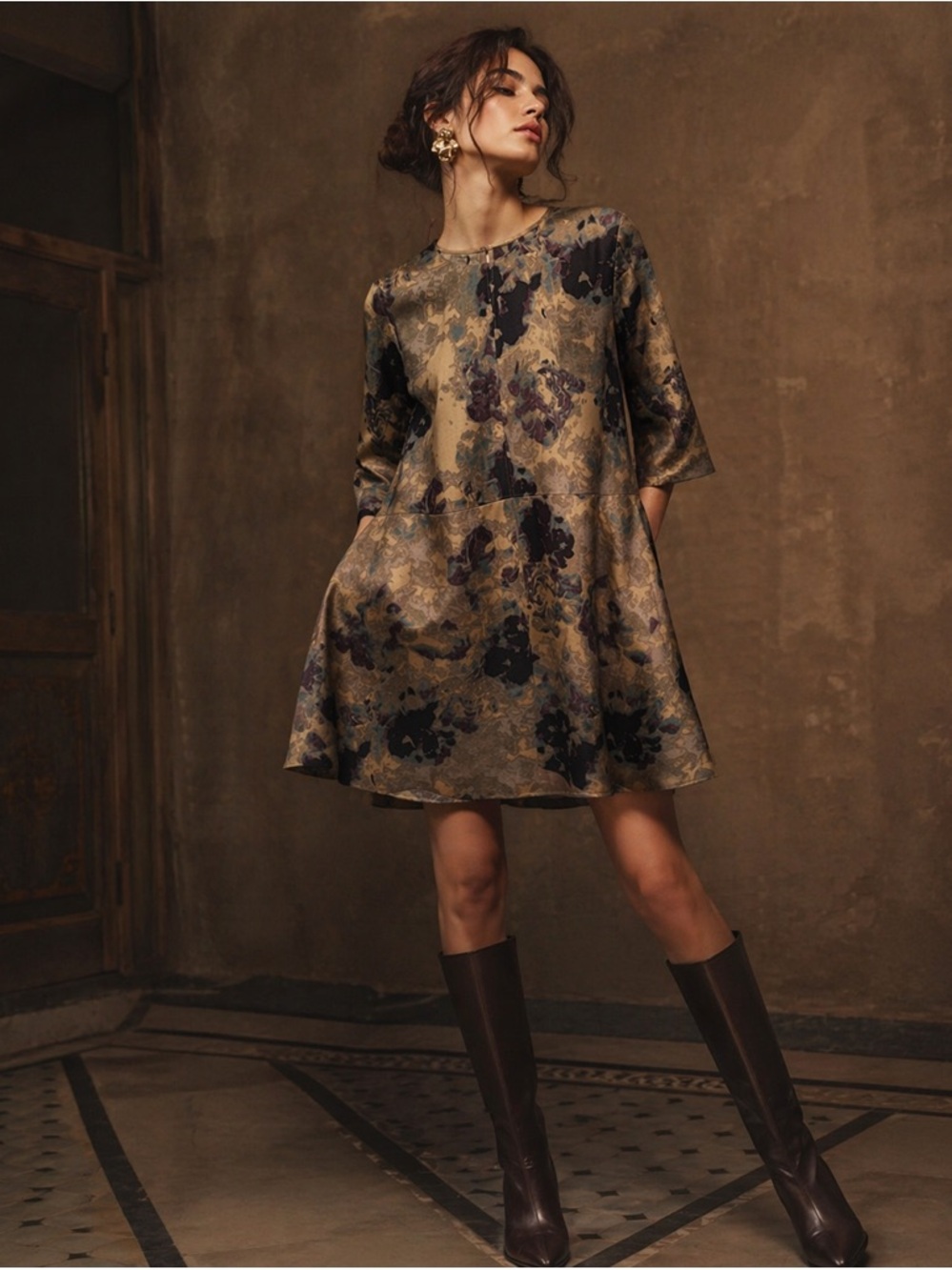 Wilfred Floral A-Line Dress Size M Earth Tone Elegant Chic Style